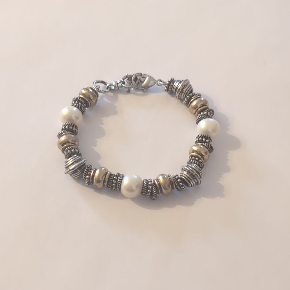 845 Vintage Silver Textured Studded‎ Gold and Faux Pearl Beaded Tennis Bracelet